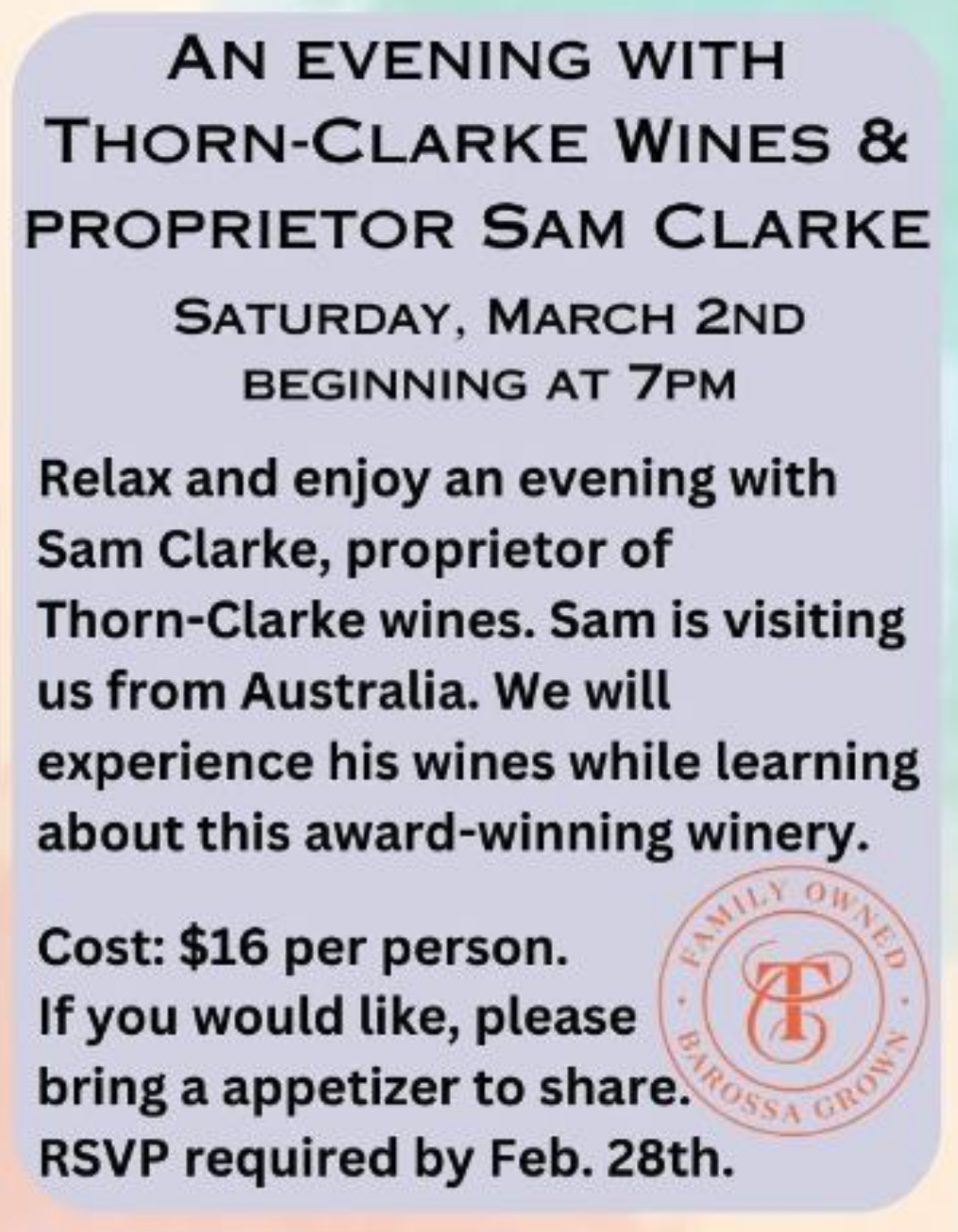 An Evening with Thorn-Clarke Wines and Proprietor Sam Clarke
