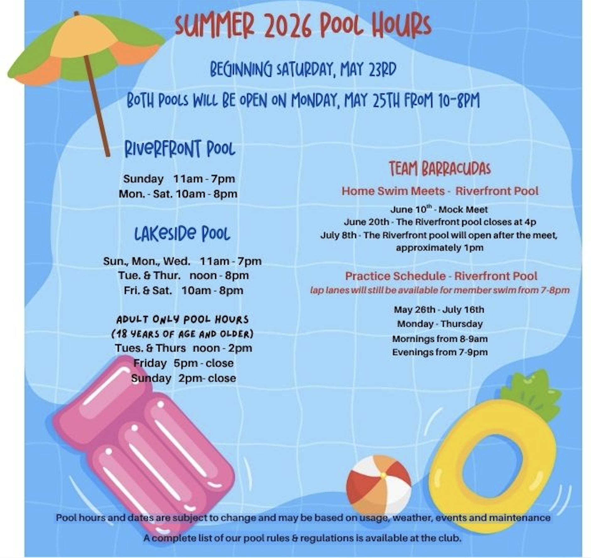 Summer 2026 Pool Hours